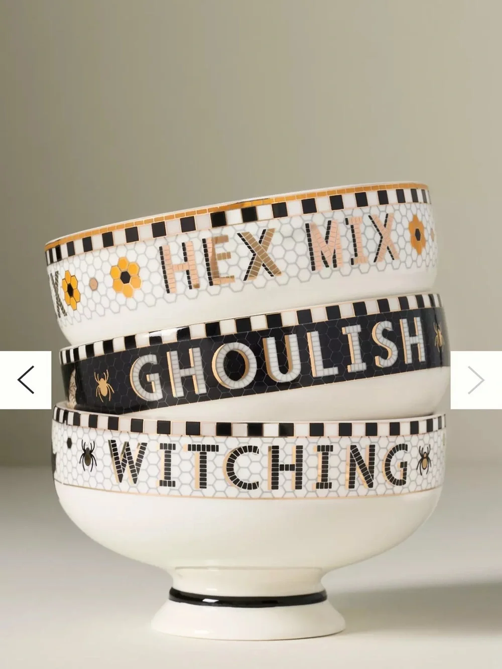Anthropologie Ceramic Halloween Bowl Stack - White, Black & Gold(each)